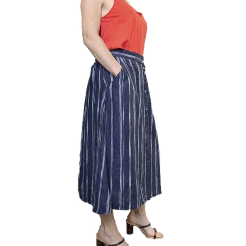Garnet Hill Blue and White Striped Midi Skirt